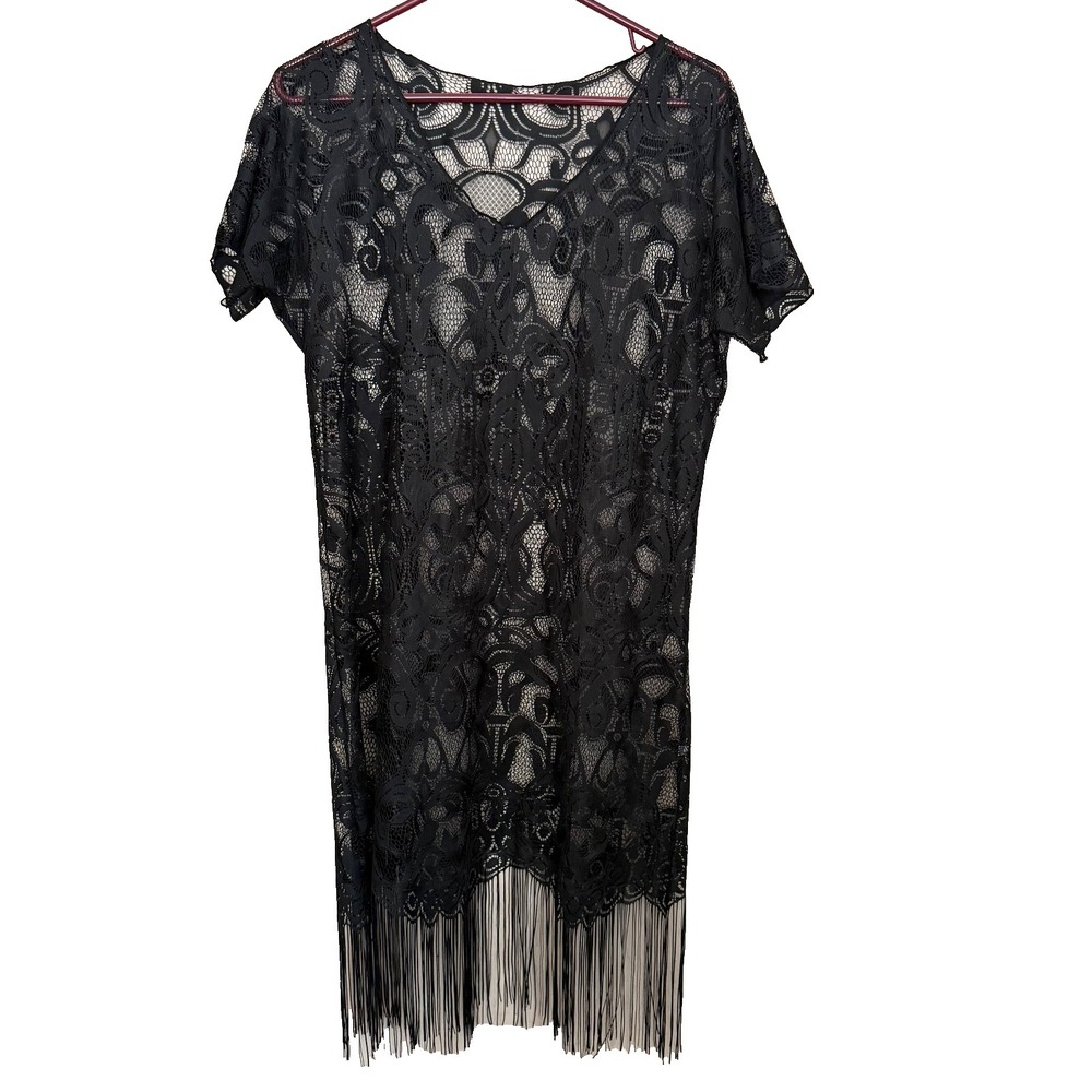 Retro Black Sheer Lace Fringe Hem‎ Dress M Coverup Boho Flapper Gatsby Jazz Age